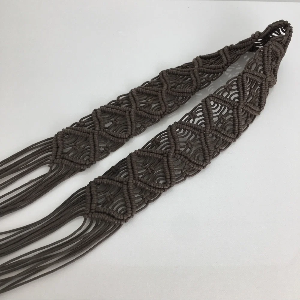 Women’s Boho Macrame Woven Fringe Statement Belt Tie Front Brown Coastal Cowgirl